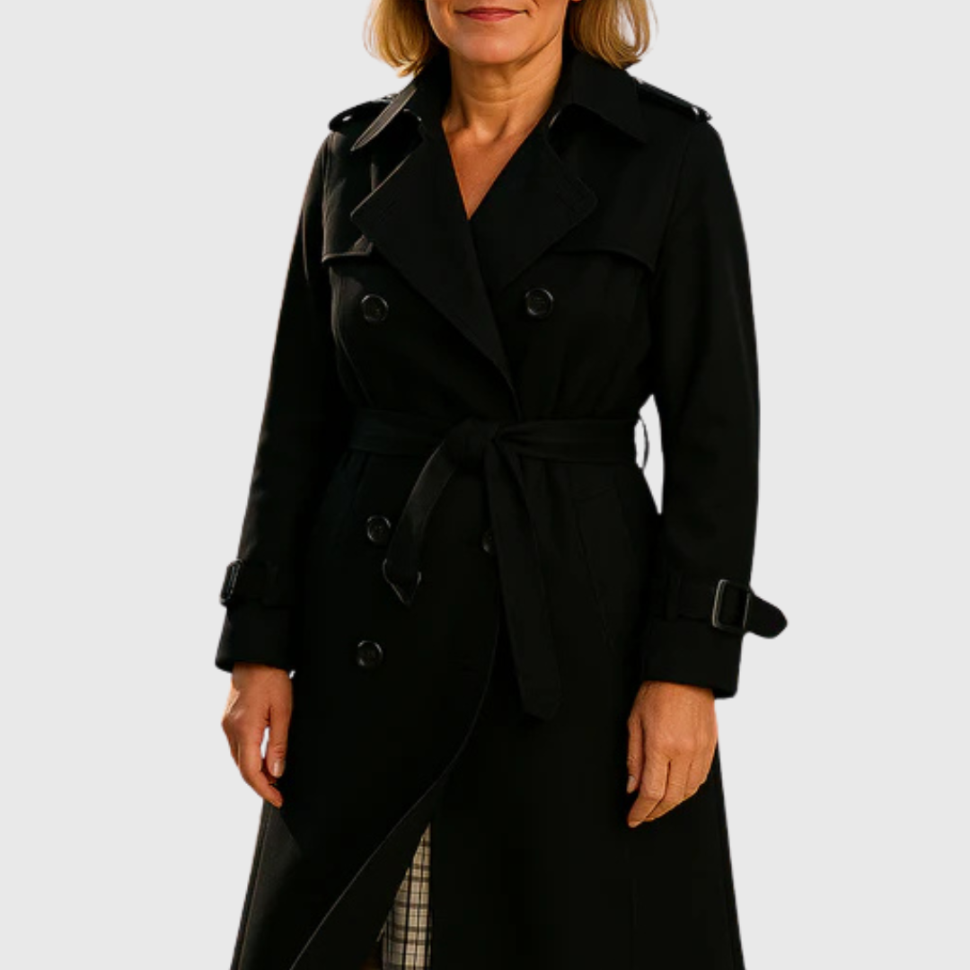 Close-up: Buttons & lapels on women's double-breasted trench coat with belt, water-resistant classic style.