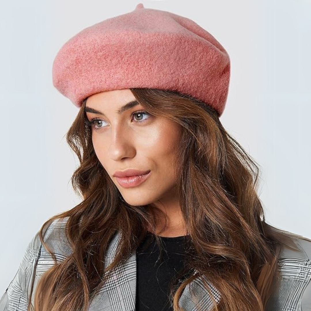 Women's classic wool beret, timeless French style, warm winter fashion essential.
