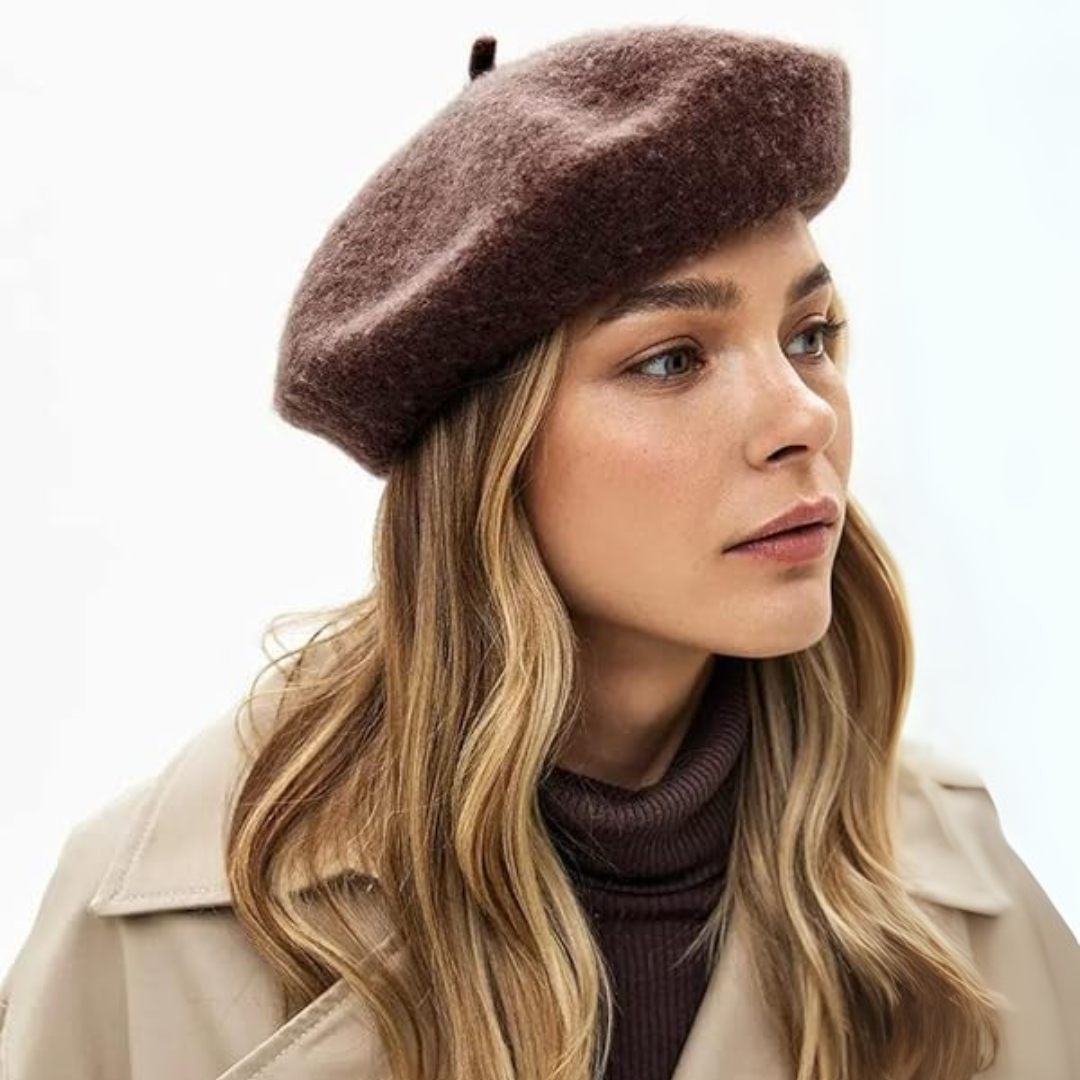 Durable women's French wool beret, classic winter hat, timeless fashion.