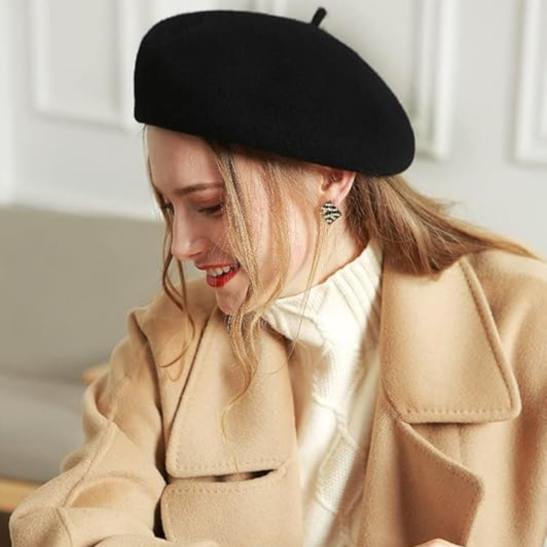Women's classic French wool beret, soft and warm winter hat, stylish fashion.