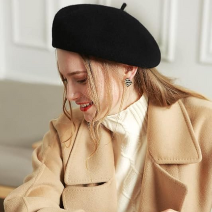 Women's classic French wool beret, soft and warm winter hat, stylish fashion.