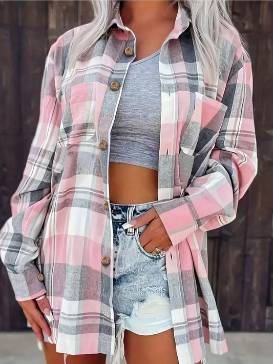 Classic women's plaid button-down shirt, long sleeve, perfect for casual everyday wear.