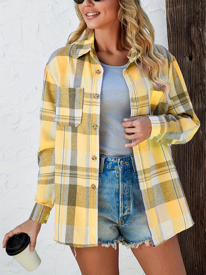 Versatile women's plaid button-down top, open style, perfect for layering over a tank.