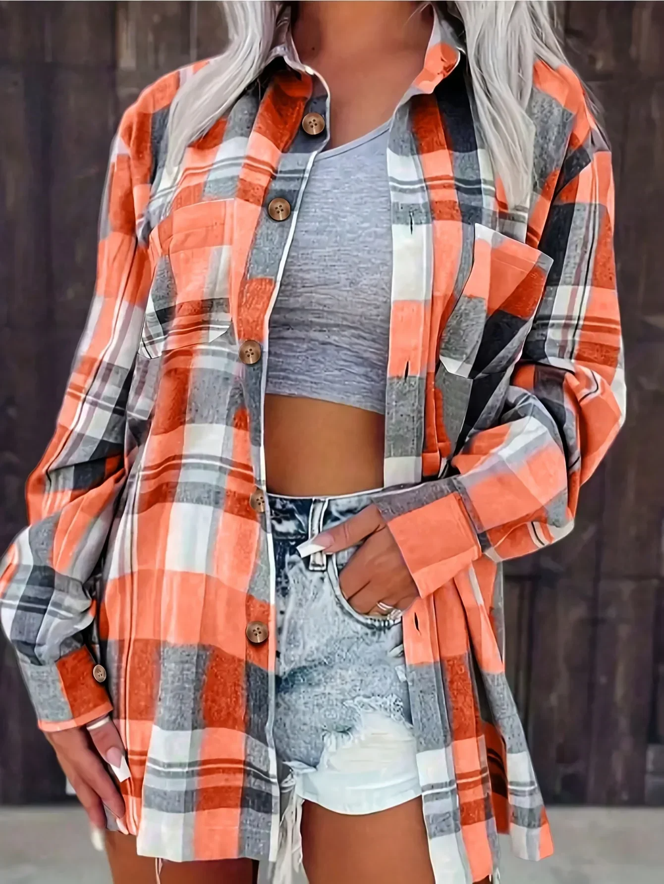 Women's trendy plaid long sleeve button-down, perfect for casual outings and versatile styling.