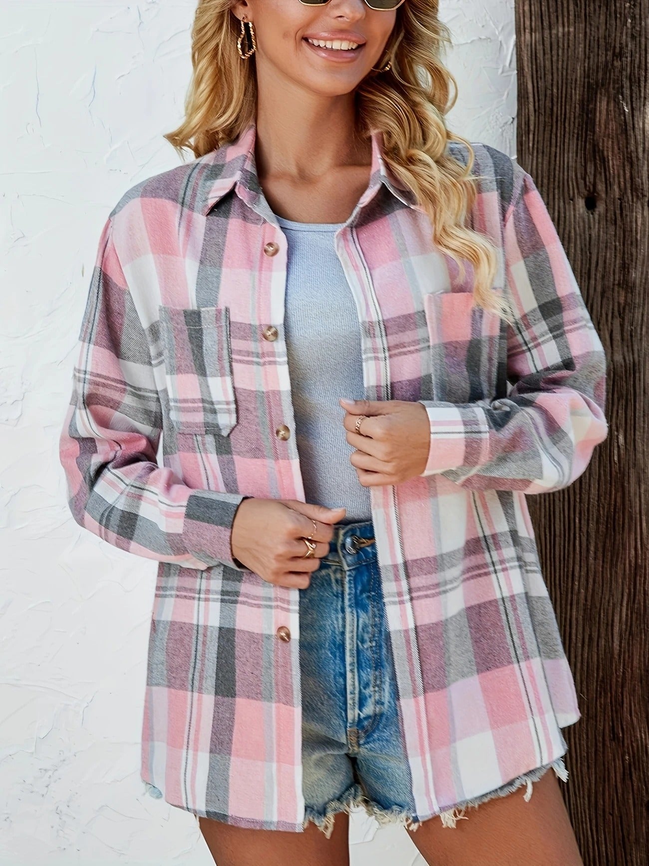 Women's red & black plaid button-down long sleeve shirt, casual fashion top for everyday.