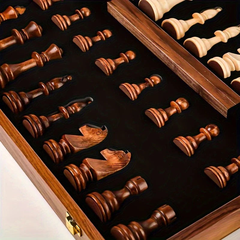 Detailed close-up of a classic wooden chess set with intricately carved pieces on a durable wooden board.