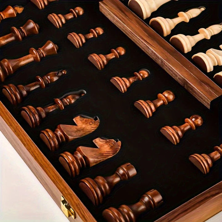 Detailed close-up of a classic wooden chess set with intricately carved pieces on a durable wooden board.