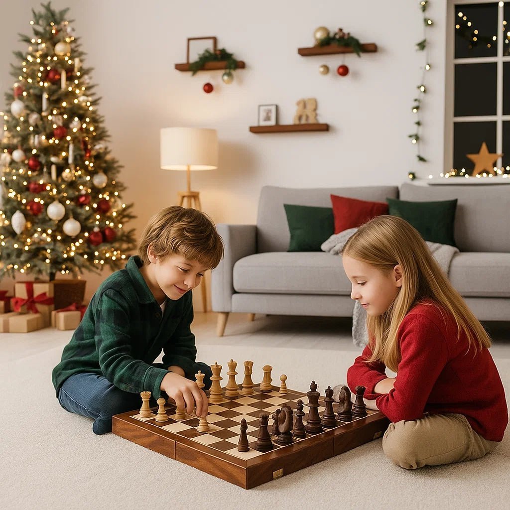 Classic wooden chess set with foldable walnut board, perfect for all ages and skill levels.