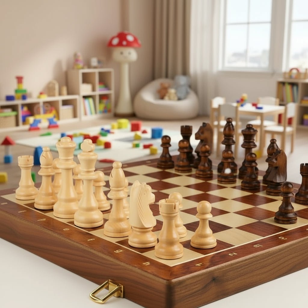 Thoughtful gift: classic wooden chess set, foldable walnut board, strategy game for family fun.