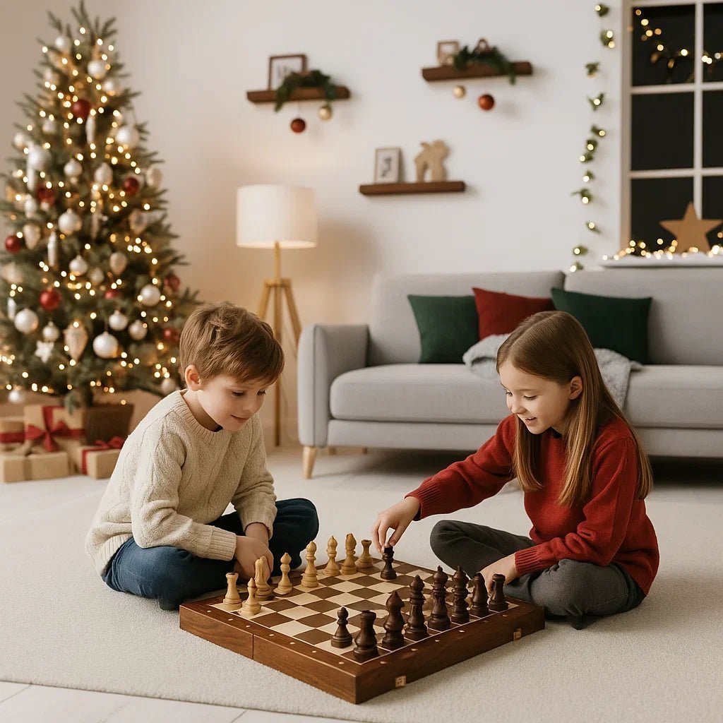 Portable wooden chess set featuring a foldable walnut board & hand-carved pieces, ideal for travel.