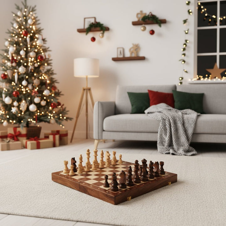 Premium wooden chess set with exquisite walnut board & detailed wood pieces for a classic game.
