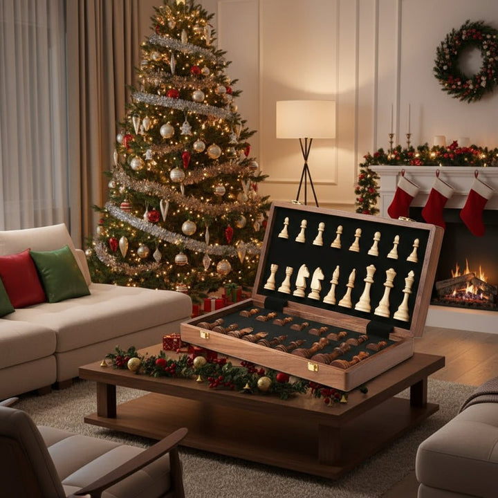 Family board game: elegant wooden chess set with foldable walnut board, a perfect gift for all ages.