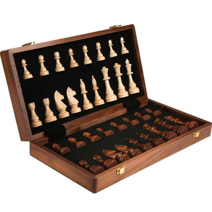 Educational wooden chess set with foldable walnut board, enhancing strategic thinking for kids & adults.