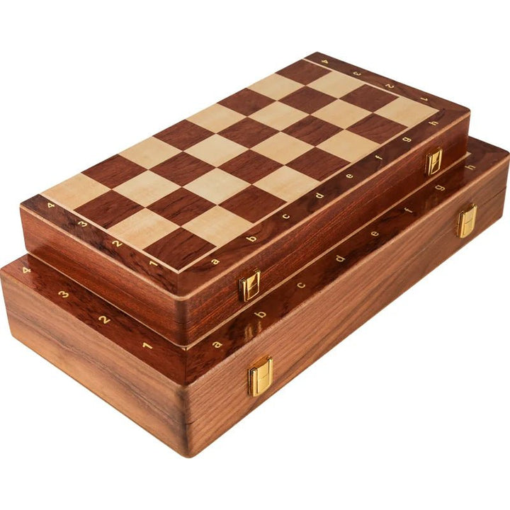 High-quality classic wooden chess set with foldable walnut board and integrated storage for pieces.