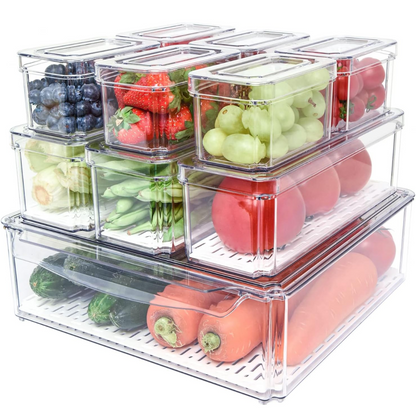 Clear 10-piece stackable refrigerator organizer bins set. Perfect for fridge & pantry food storage.