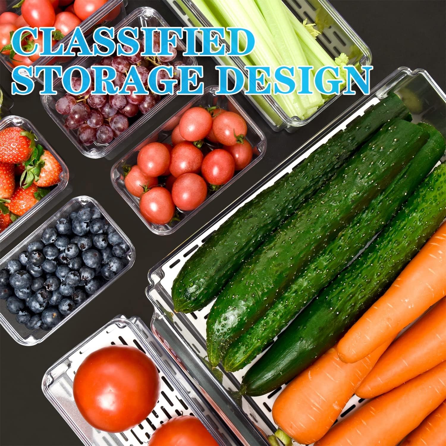 Transparent stackable storage bins for refrigerator organization. See contents clearly, BPA-free.