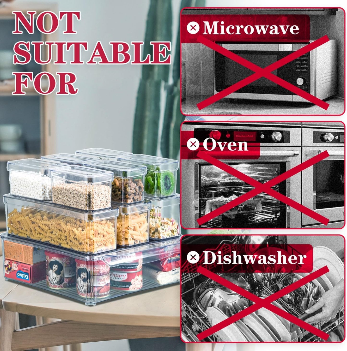 Set of 10 clear stackable fridge organizers improving kitchen & pantry food storage efficiency.