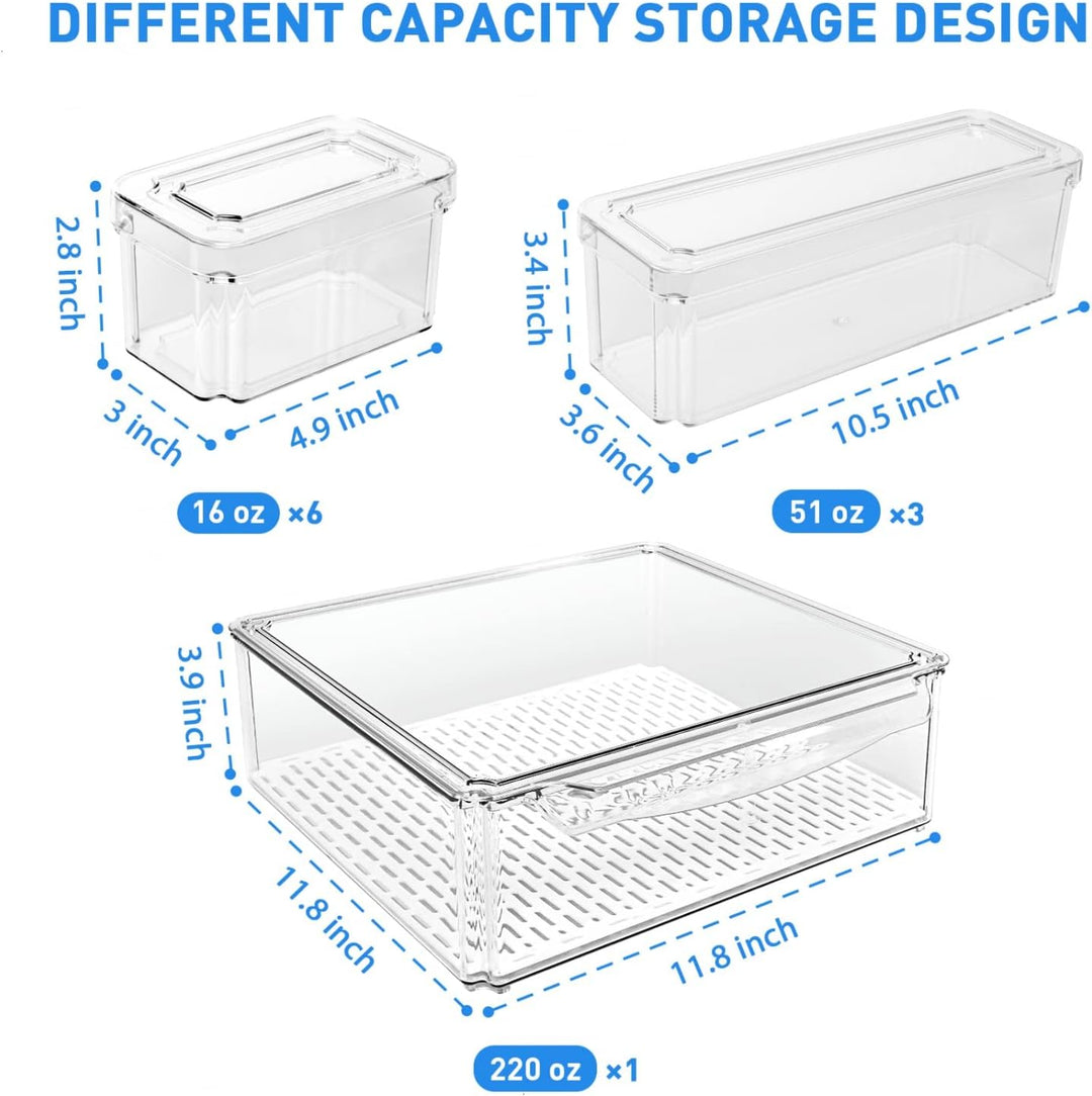 BPA-free clear plastic storage bins, stackable design for optimal refrigerator and kitchen organization.