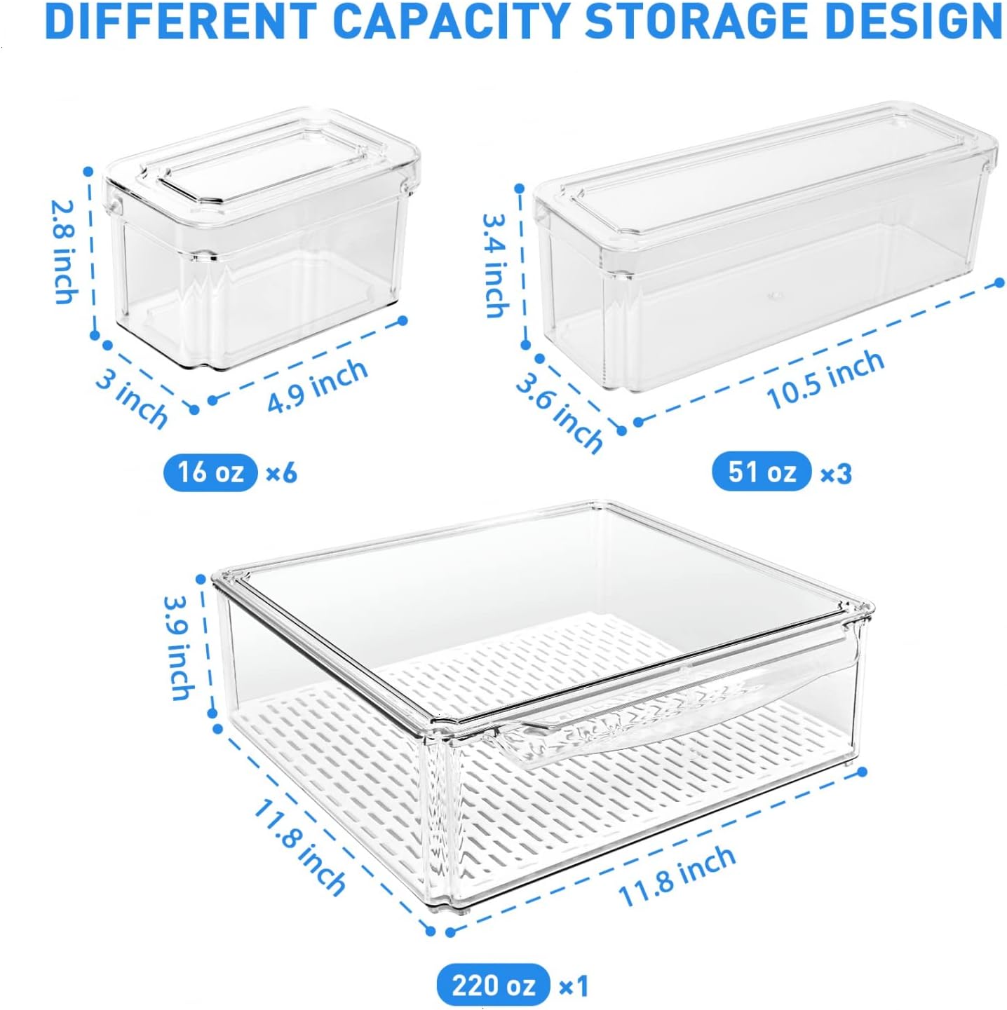 BPA-free clear plastic storage bins, stackable design for optimal refrigerator and kitchen organization.