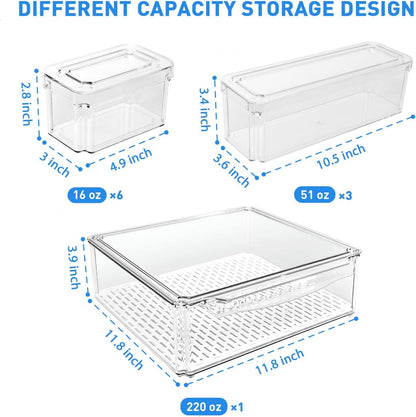 BPA-free clear plastic storage bins, stackable design for optimal refrigerator and kitchen organization.