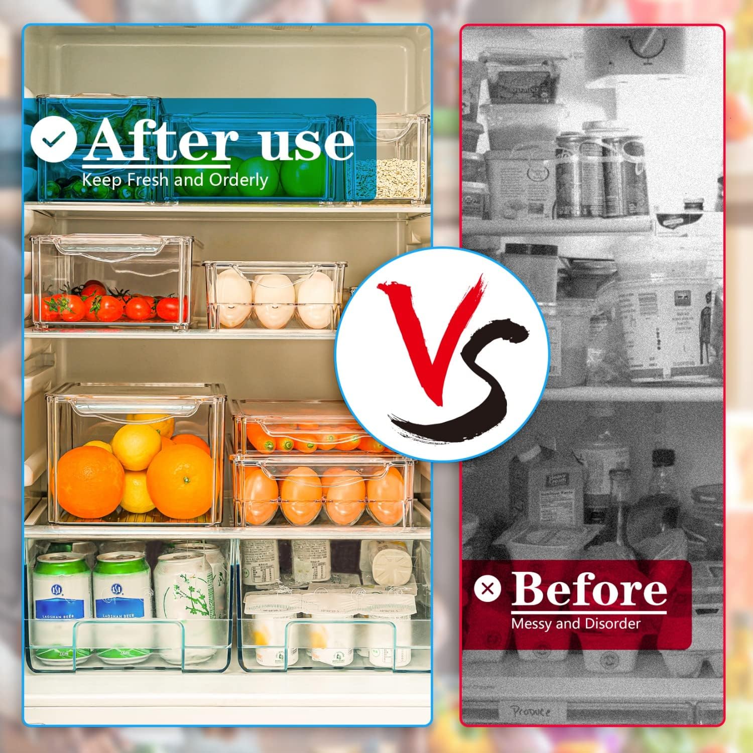 Versatile clear stackable storage bins for fruits, veggies & snacks. Keep your refrigerator organized.