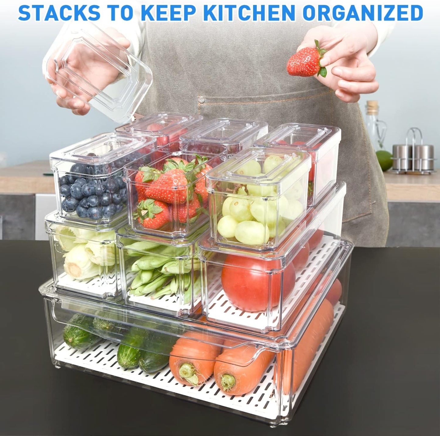 Efficient kitchen organization with a 10-piece set of clear stackable storage bins for fridge & pantry.