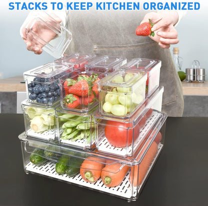 Efficient kitchen organization with a 10-piece set of clear stackable storage bins for fridge & pantry.