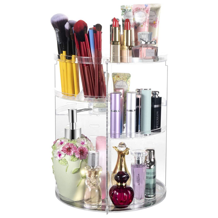 Clear 360° rotating makeup organizer for efficient cosmetic and skincare storage on vanity or bathroom counter.