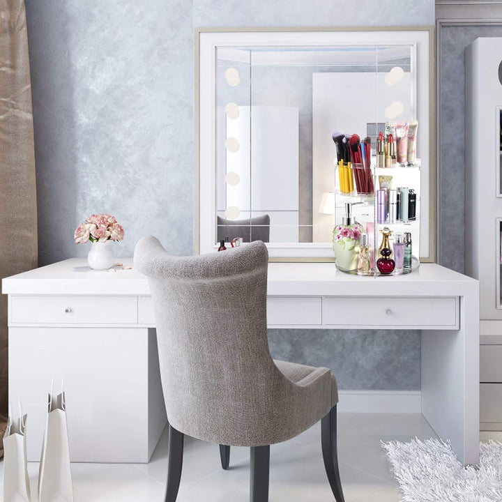 Transparent acrylic rotating beauty organizer, perfect for neat cosmetic and skincare storage on any vanity.