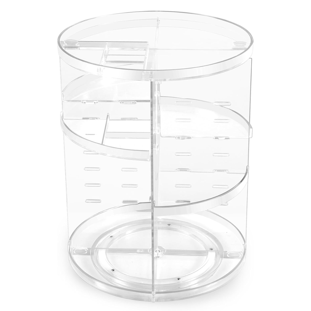 Stylish 360° rotating vanity organizer for makeup, skincare, and beauty tools, keeping counters tidy.