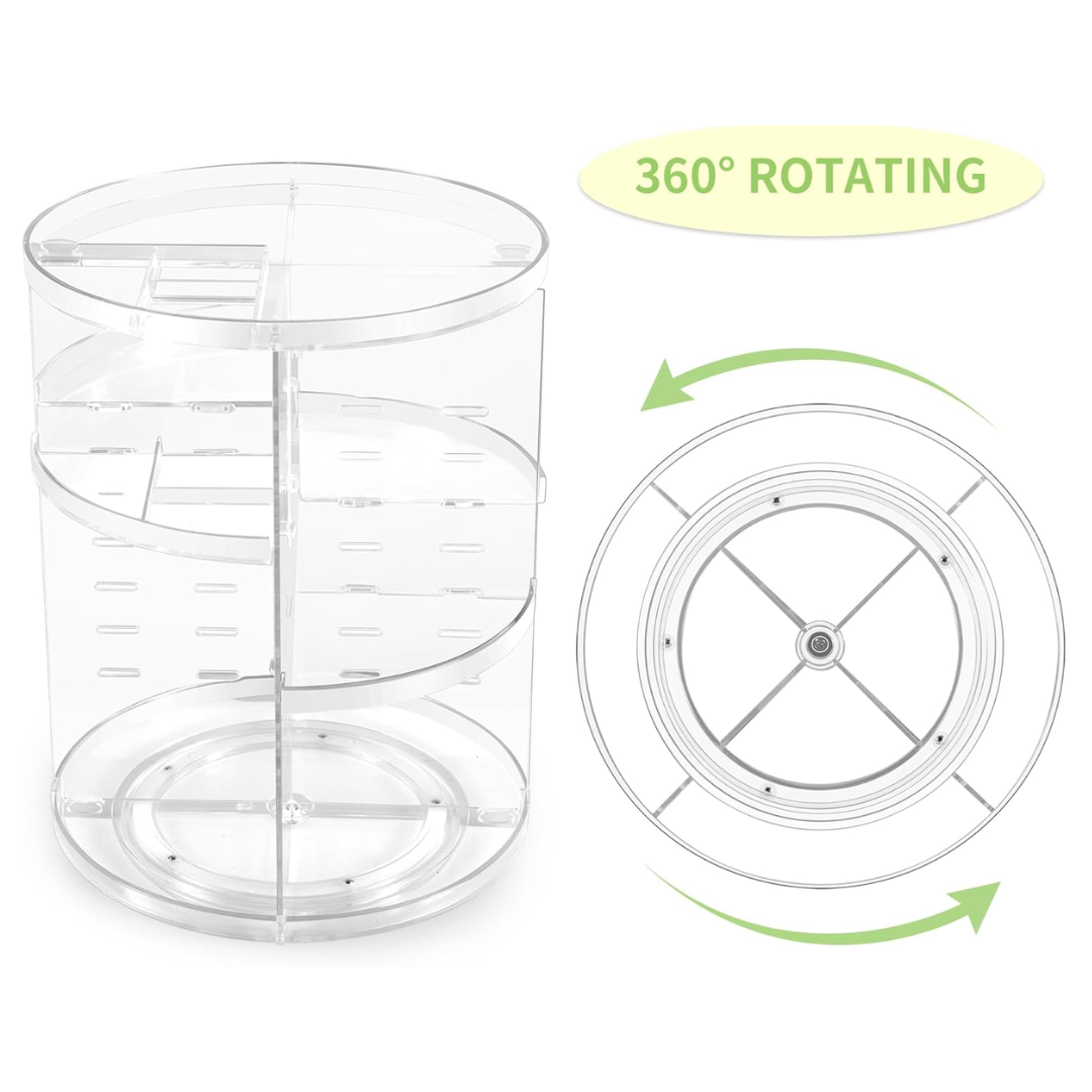 Practical 360° rotating bathroom organizer, ideal for easy access to cosmetics and skincare products.