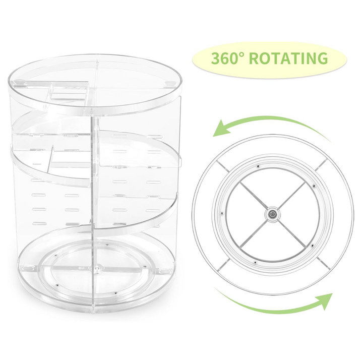 Practical 360° rotating bathroom organizer, ideal for easy access to cosmetics and skincare products.