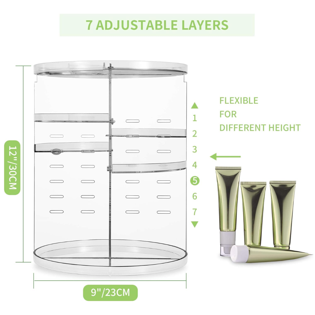 Space-saving 360° spinning cosmetic organizer for tidy storage of makeup and beauty essentials.