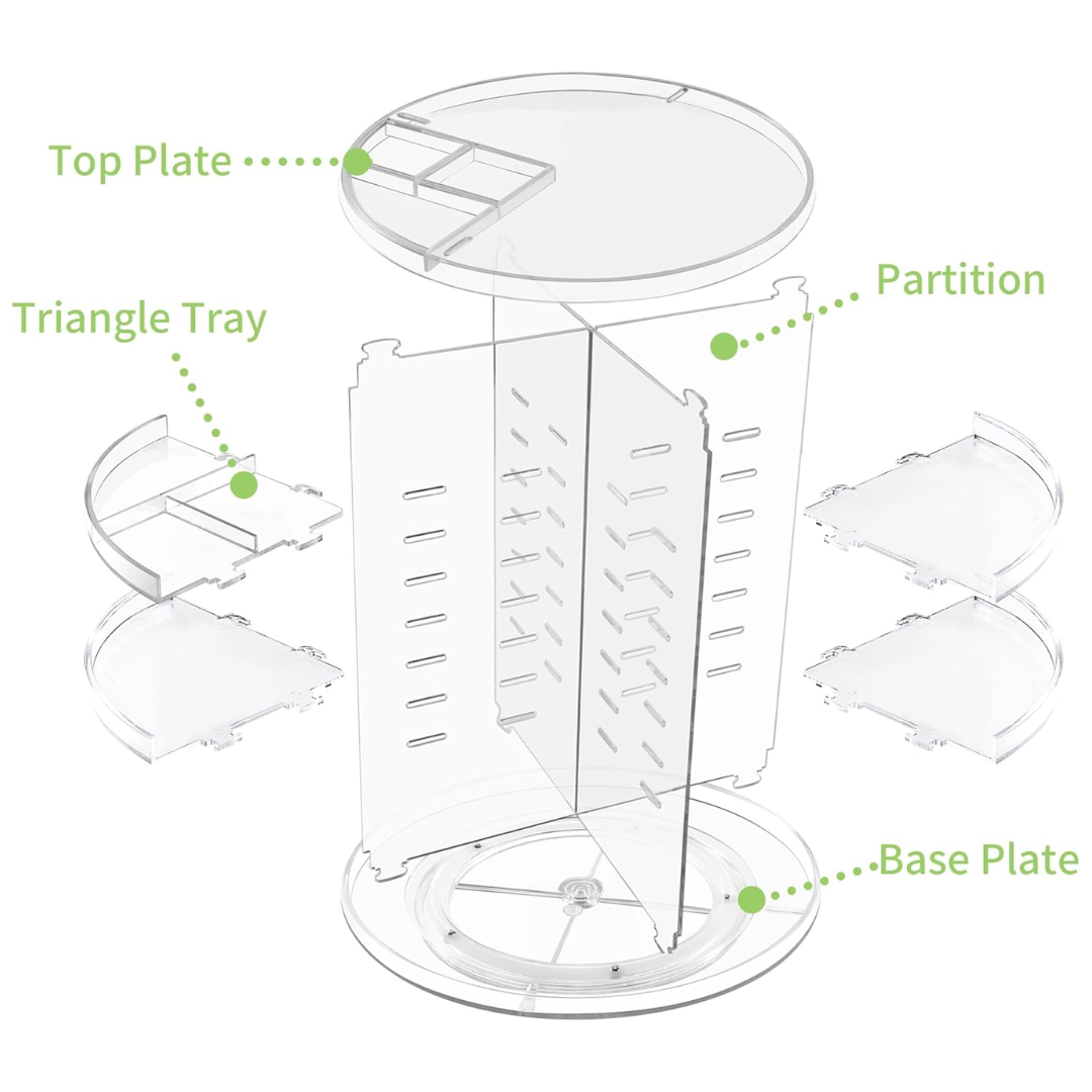 Women's versatile 360° rotating beauty organizer for efficient makeup, skincare, and accessory storage.