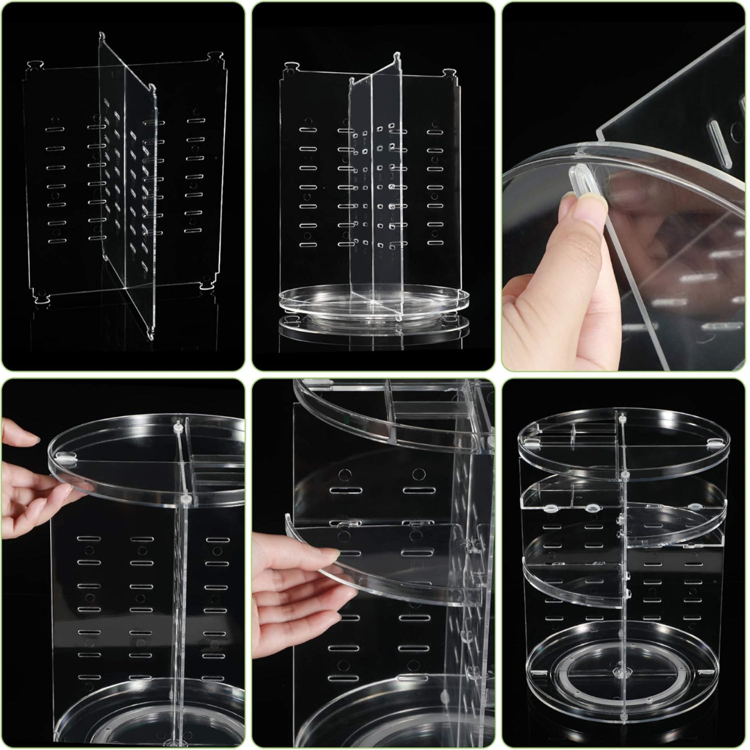 Multi-compartment 360° rotating cosmetic organizer for easy access to all your makeup and skincare.