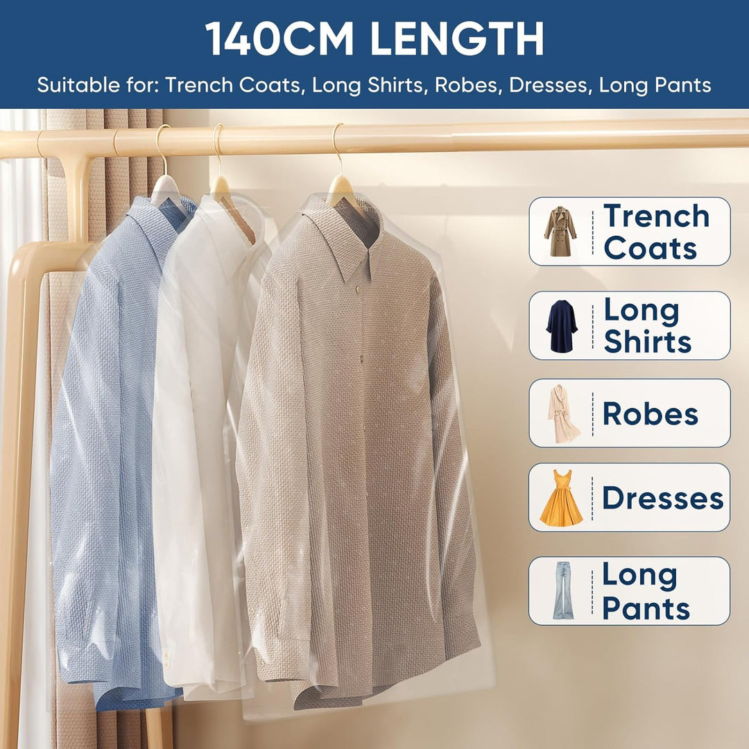 Economical 50-pack clear garment bags, protecting clothes from dust for storage & travel.