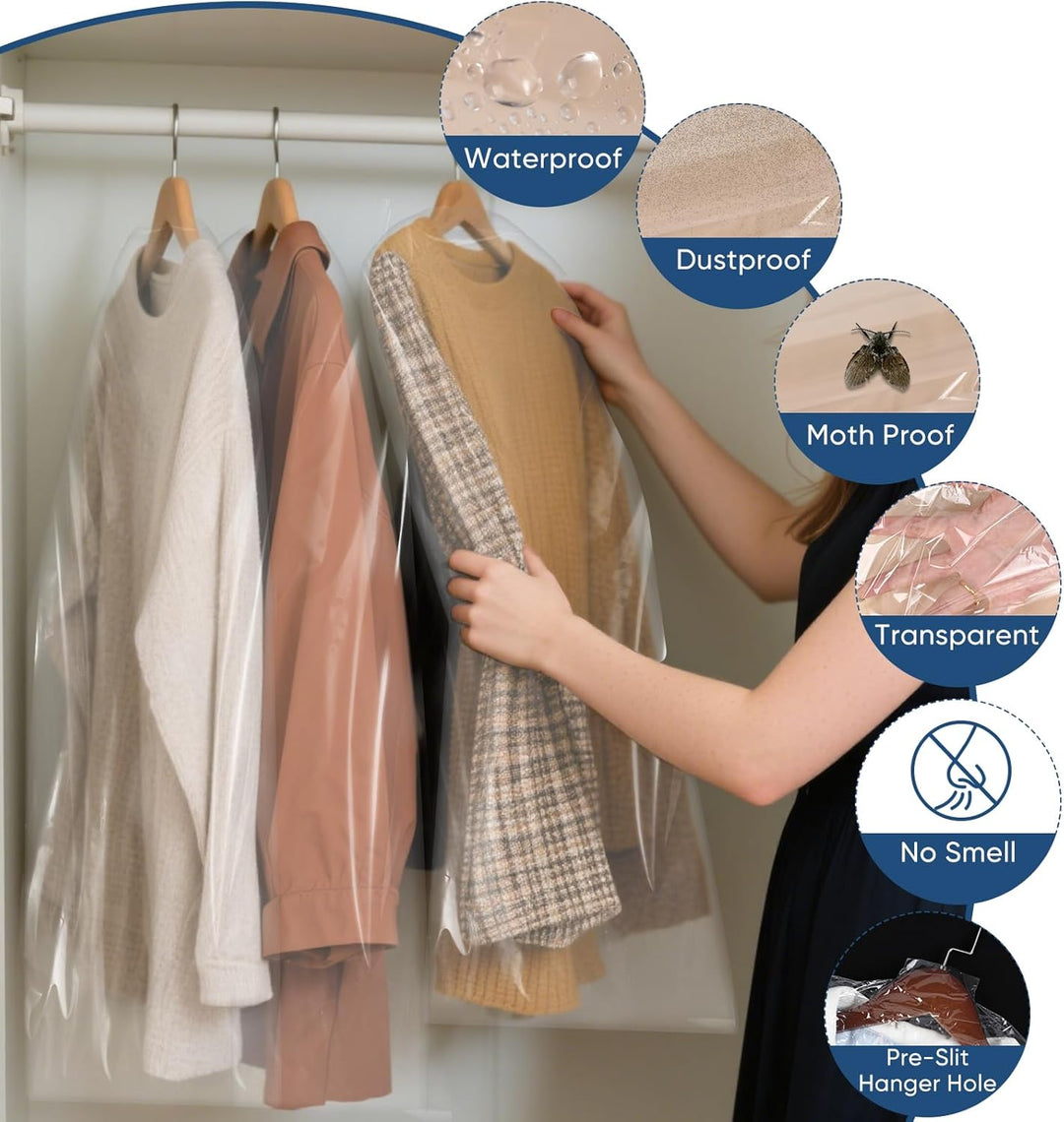 Essential clear garment covers, 50-pack, for ultimate clothing protection & travel organization.