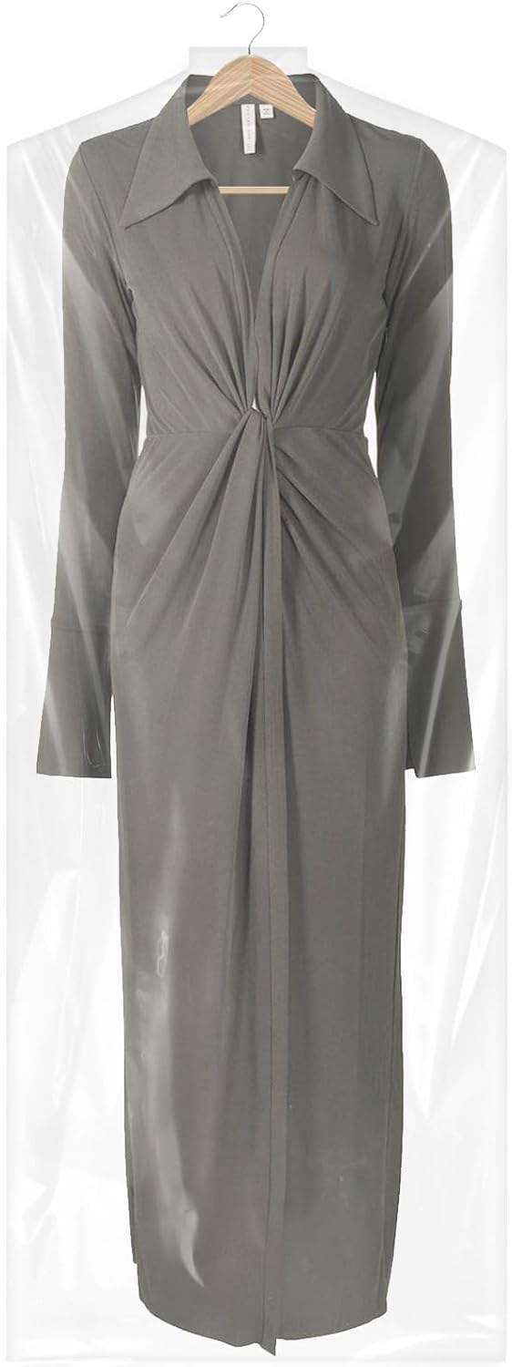 Transparent garment bags, 50-pack, protecting clothes for wardrobe storage & travel convenience.