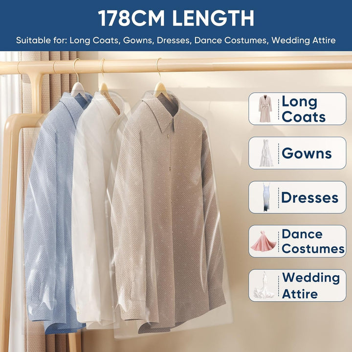 Durable clear garment bags for suit & dress protection, perfect for closet organization & travel.
