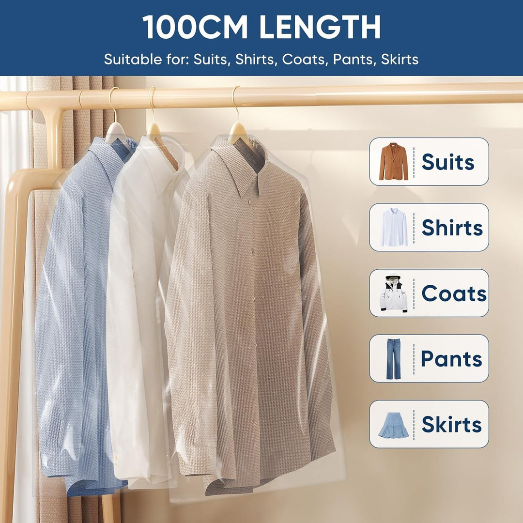 Premium clear garment bags, 50-pack, securing dresses & suits during storage or travel.