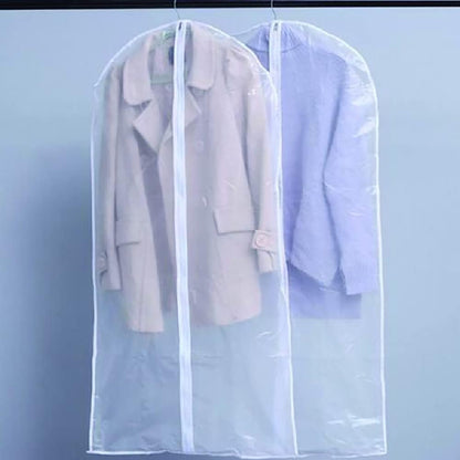Transparent garment bags for closet organization, protecting clothes from dust. Ideal home storage solution.