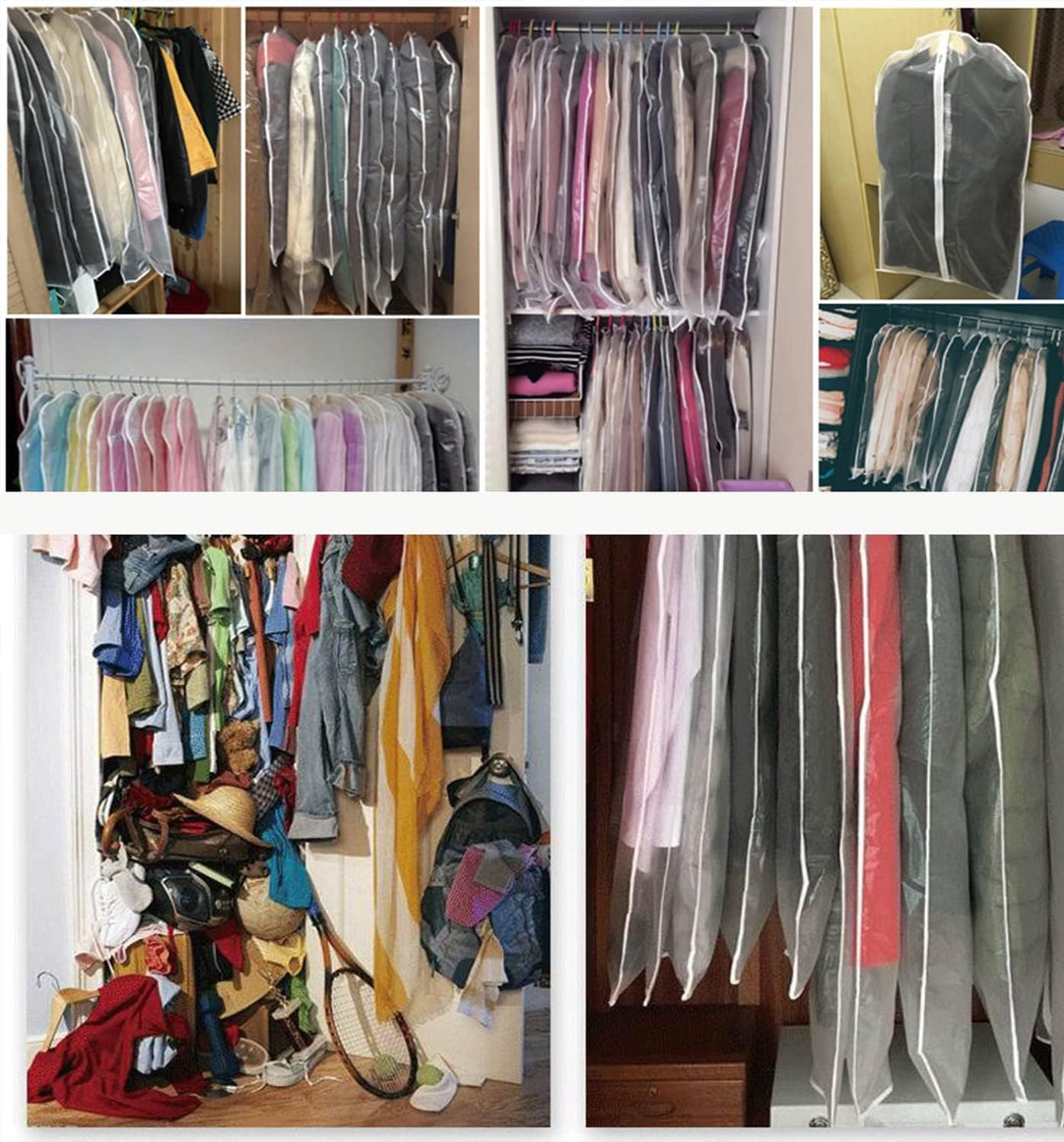 Durable clear storage bags (10-pack) keep garments dust-free & organized in wardrobes or when traveling.