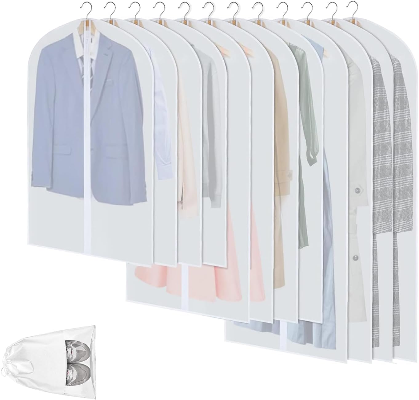 Clear PEVA garment bags, 12-pack, protecting clothes from dust & moths. Ideal for wardrobe organization.