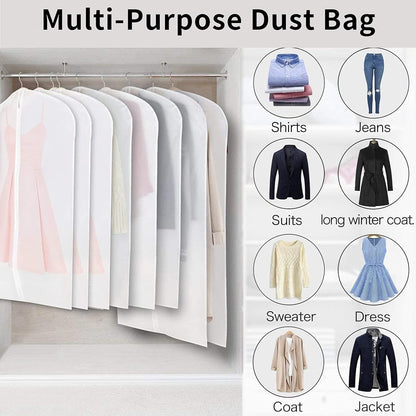 12 clear PEVA garment bags, acting as clothes protectors. Dustproof & transparent for home & closet storage.