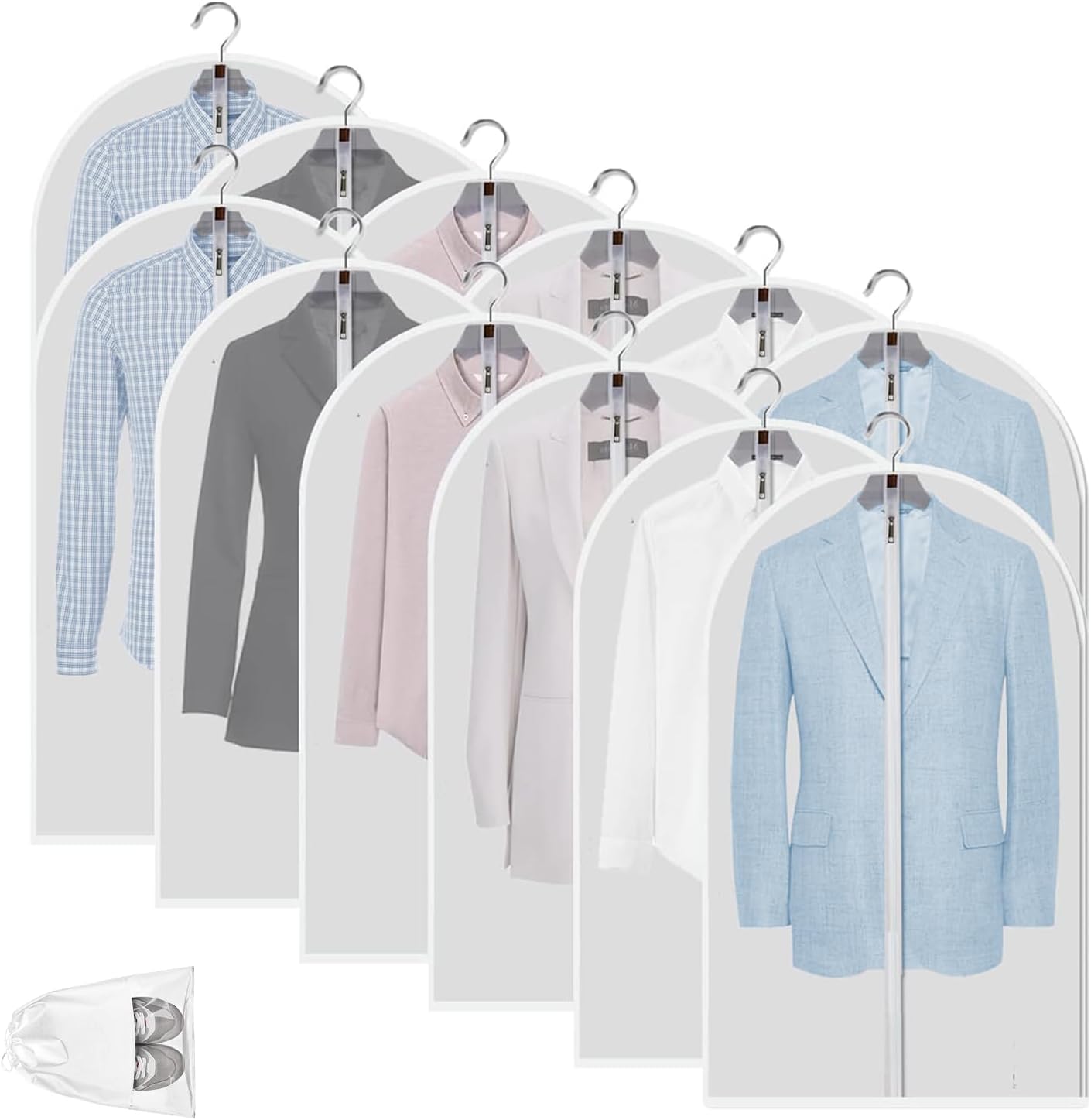 Durable, reusable clear PEVA garment bags. 12 clothes protectors for long-lasting wardrobe organization.