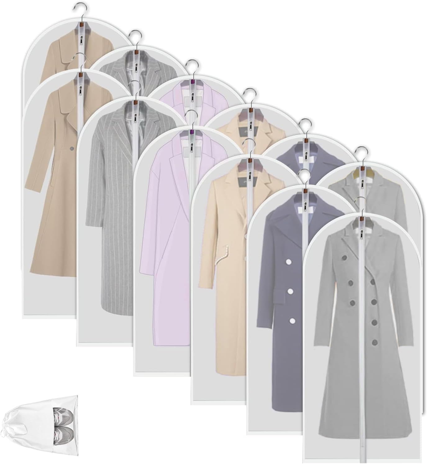 12-pack clear PEVA garment storage bags for comprehensive closet organization & clothing protection.
