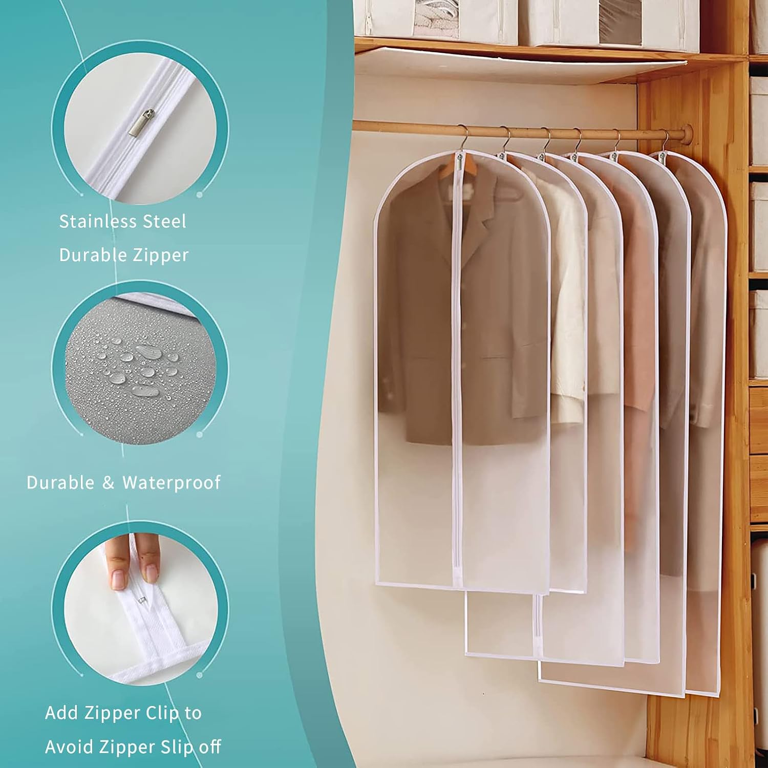 Dustproof, mothproof PEVA garment bags. Clear clothes protectors keep apparel pristine in storage & travel.