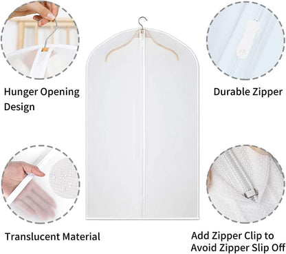 Durable, clear PEVA garment bags, ideal clothing covers for dustproof & mothproof wardrobe storage.