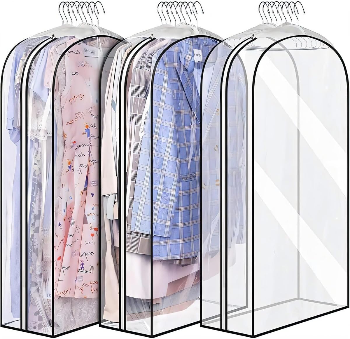 Clear PEVA garment bags (6-pack) for clothing protection & dust cover in wardrobe.