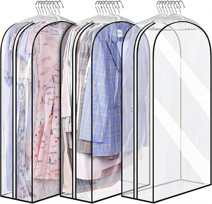 Clear PEVA garment bags (6-pack) for clothing protection & dust cover in wardrobe.